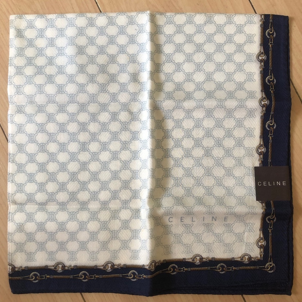 New Vintage CELINE Handkerchief Scarf Pocket Square Classic Macadam Logo White